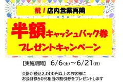 【ビール工房全店実施】6/6(土)～6/21(日) 　 「半額キャッシュバック券　プレゼントキャンペーン！」