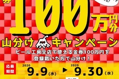 【ビール工房全店実施】金券100万円山分けキャンペーン！（9/9～30）